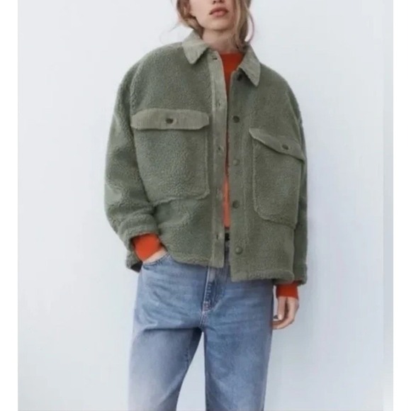 Zara Jackets & Blazers - Zara Green Crop Sherpa Faux Fur Fleece Jacket With Corduroy Details Size Medium